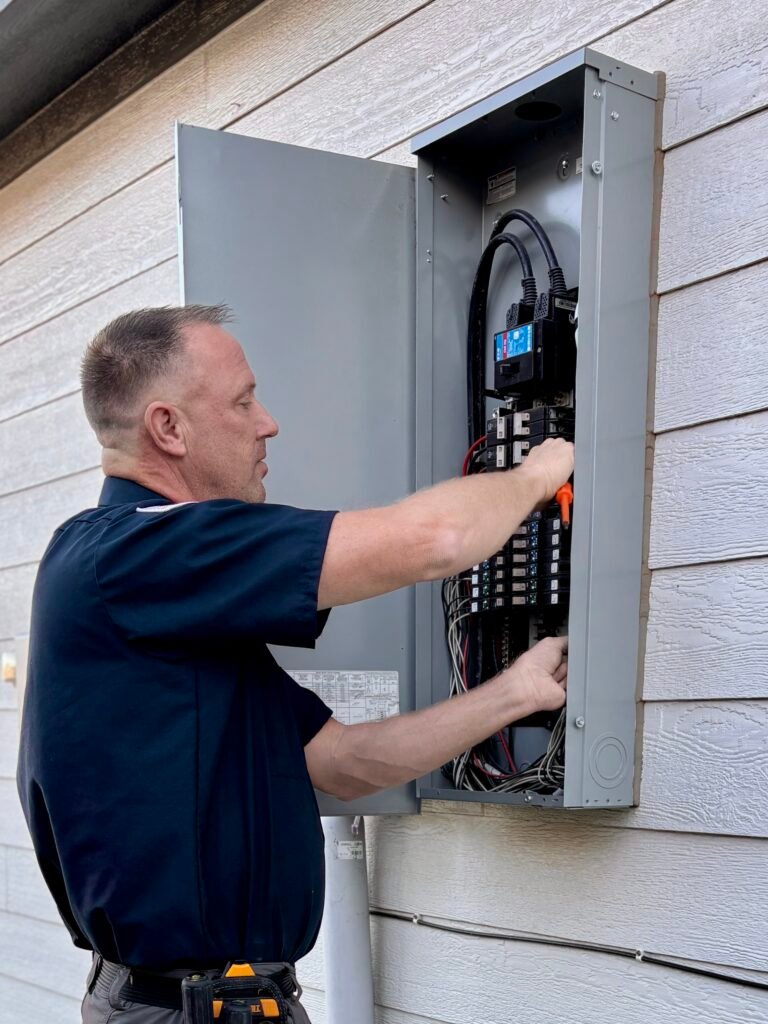 DoneOnce Electric owner Scott carefully evaluating an electrical panel, documenting findings and explaining options before any repair work begins.